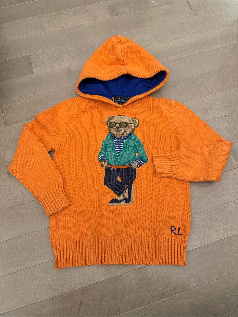 Polo by Ralph Lauren Orange Hooded Bear Sweater with Green Jacket Detail
